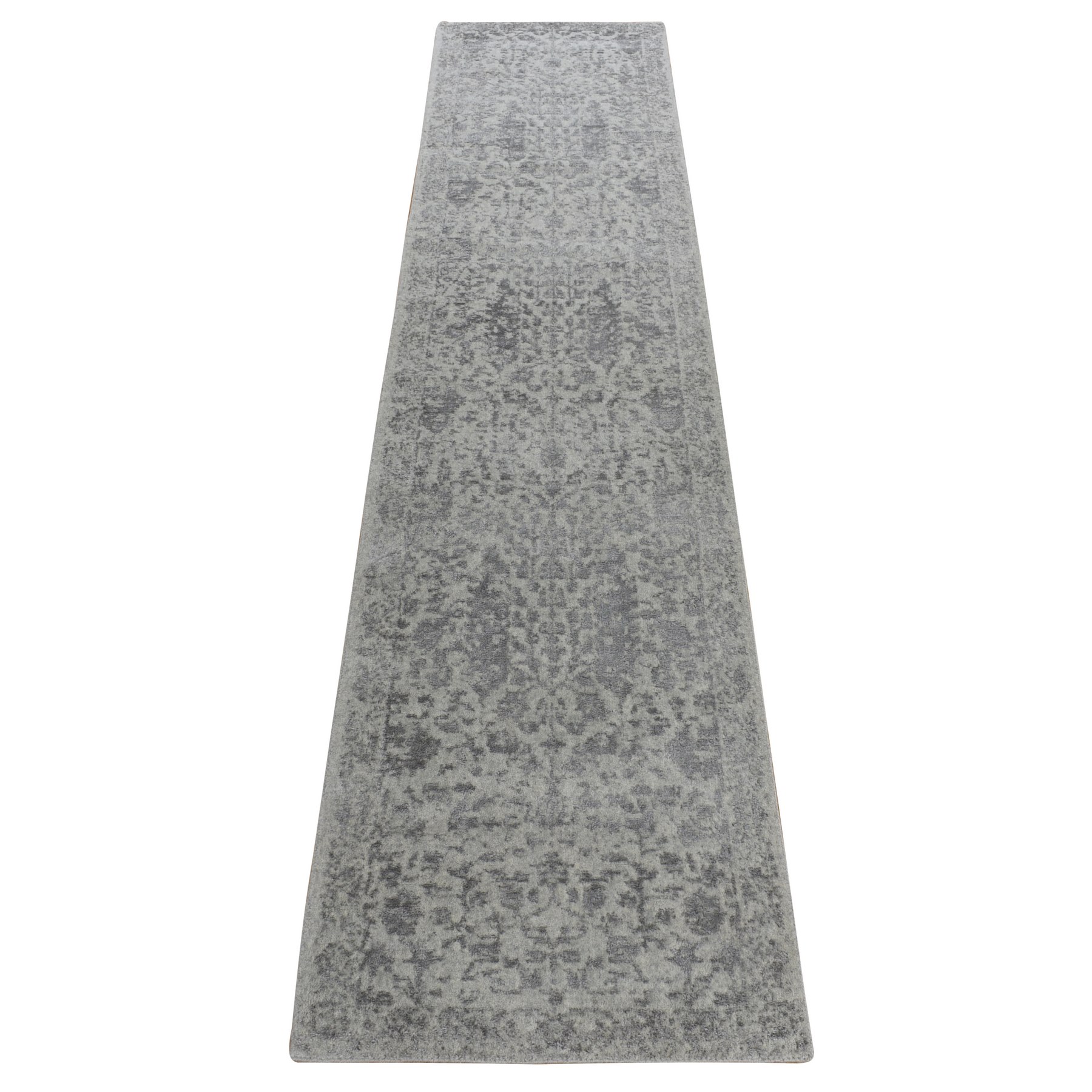 2'5"x12' Cloud Gray, Jacquard Hand Loomed, Broken Cypress Tree Design, Silken Thick and Plush, Runner, Oriental Rug 